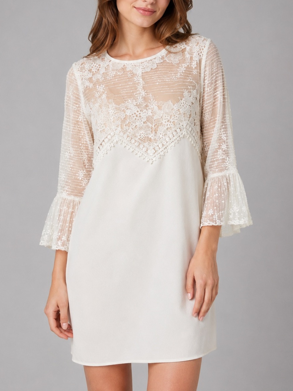 🆕🥥Ina Lace Embroidered Sheer Mesh Shift Dress Bell Size L Cocktail Wedding Guest